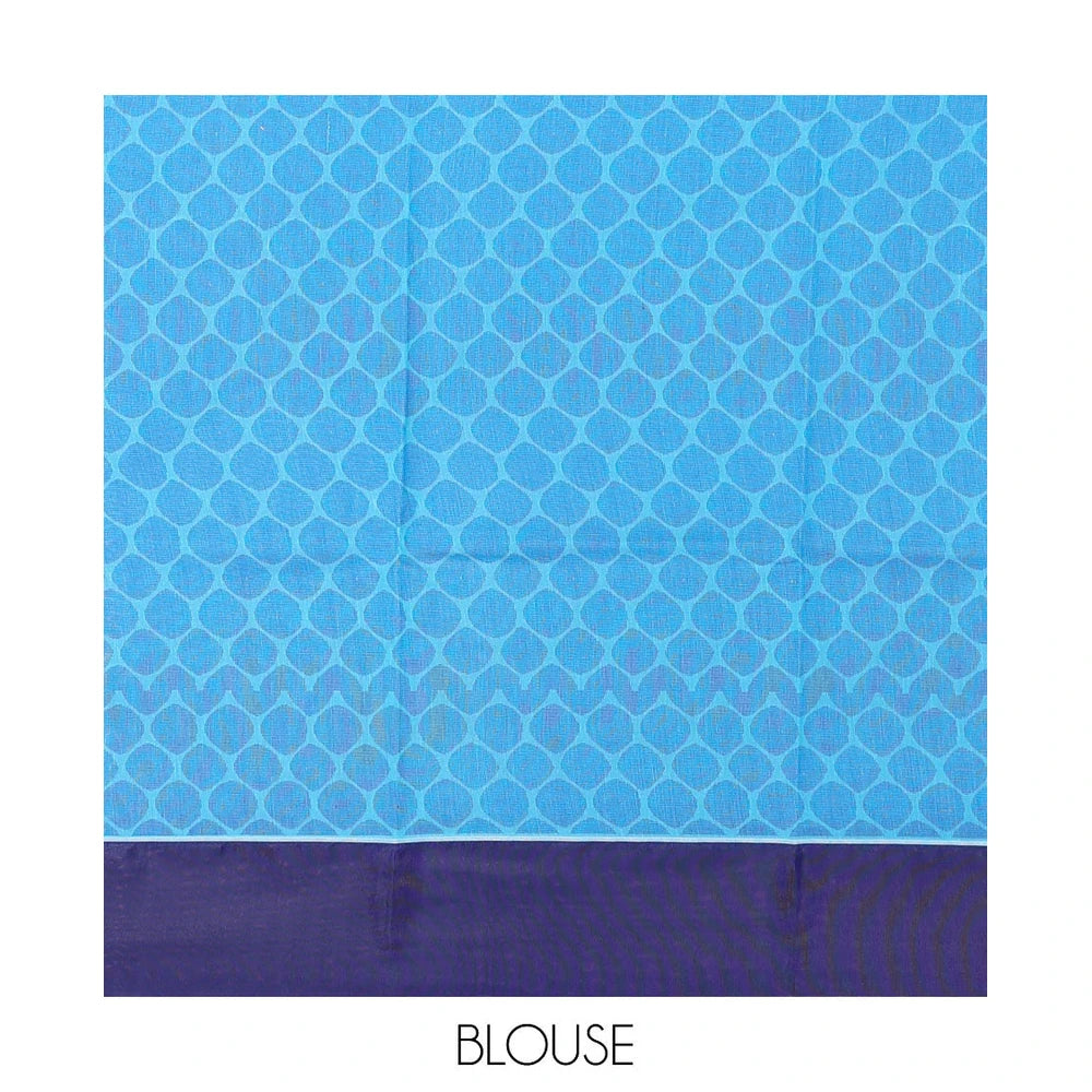 Pothys Blue Semi-Silk Cotton Saree, Subtly Sparkled with Stripes All Over Its Body, Complemented by Contrast Border, Pallu Steeped with Pine Tree Motifs, and Paired with a Matching Blouse