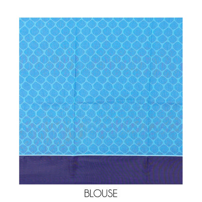 Pothys Blue Semi-Silk Cotton Saree, Subtly Sparkled with Stripes All Over Its Body, Complemented by Contrast Border, Pallu Steeped with Pine Tree Motifs, and Paired with a Matching Blouse