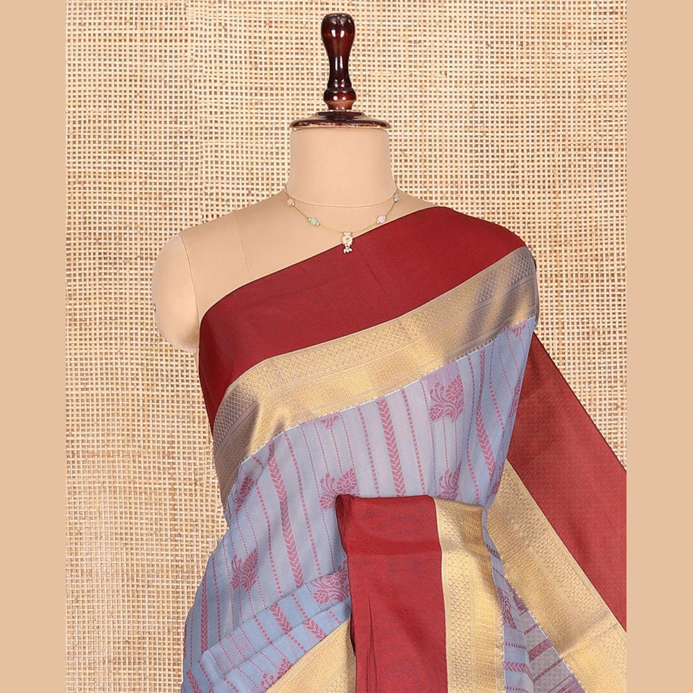 Pothys Grey Semi-Silk Cotton Saree with Buttas & Zari Border