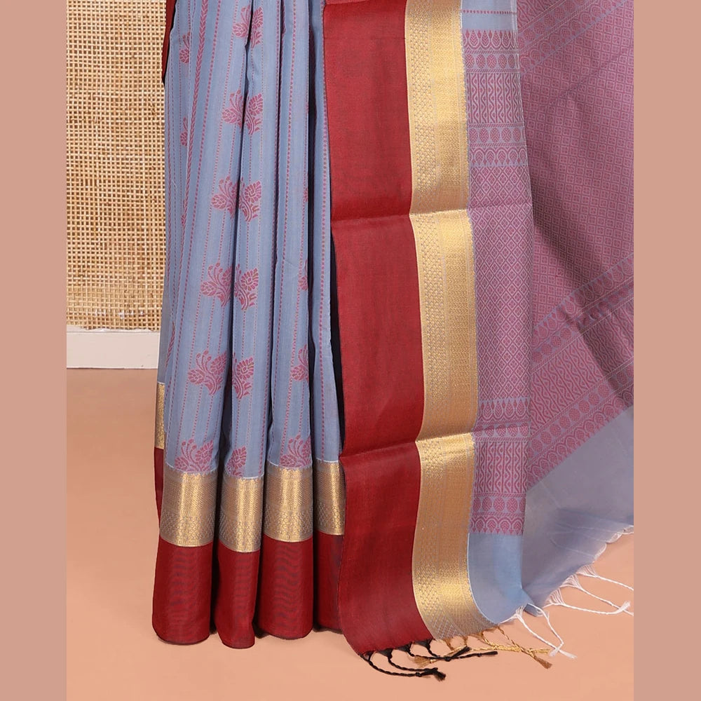 Pothys Grey Semi-Silk Cotton Saree with Buttas & Zari Border
