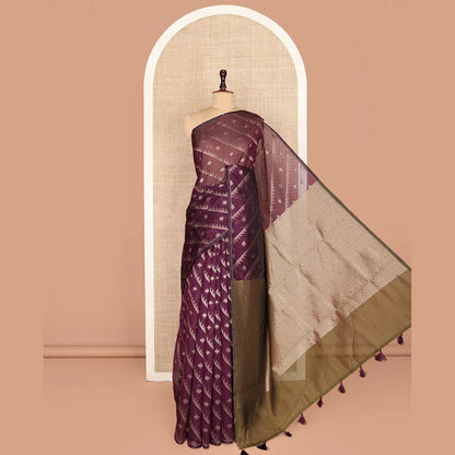 Pothys Borderless Purple Chanderi Cotton Saree, Adorned with Zari Buttas and Temple Stripes on Its Body, Complemented by Contrast Pallu of Jaal Designs, and Paired with a Contrast Jacquard Blouse