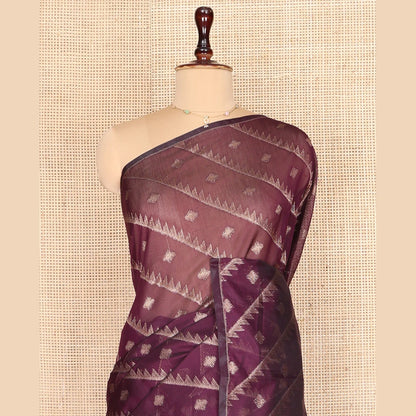 Pothys Borderless Purple Chanderi Cotton Saree, Adorned with Zari Buttas and Temple Stripes on Its Body, Complemented by Contrast Pallu of Jaal Designs, and Paired with a Contrast Jacquard Blouse