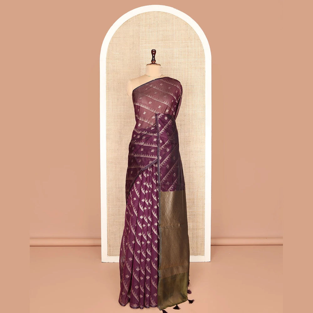 Pothys Borderless Purple Chanderi Cotton Saree, Adorned with Zari Buttas and Temple Stripes on Its Body, Complemented by Contrast Pallu of Jaal Designs, and Paired with a Contrast Jacquard Blouse