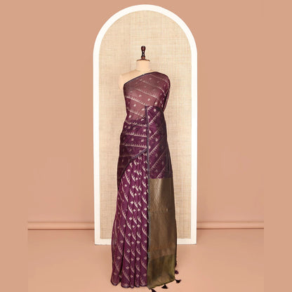 Pothys Borderless Purple Chanderi Cotton Saree, Adorned with Zari Buttas and Temple Stripes on Its Body, Complemented by Contrast Pallu of Jaal Designs, and Paired with a Contrast Jacquard Blouse