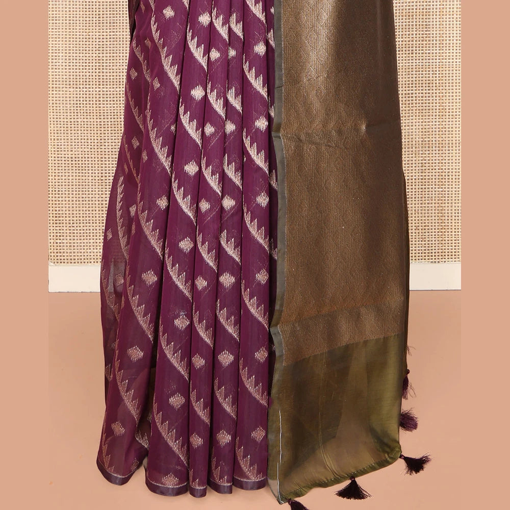 Pothys Borderless Purple Chanderi Cotton Saree, Adorned with Zari Buttas and Temple Stripes on Its Body, Complemented by Contrast Pallu of Jaal Designs, and Paired with a Contrast Jacquard Blouse