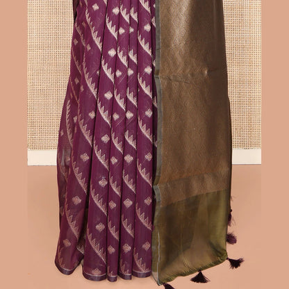Pothys Borderless Purple Chanderi Cotton Saree, Adorned with Zari Buttas and Temple Stripes on Its Body, Complemented by Contrast Pallu of Jaal Designs, and Paired with a Contrast Jacquard Blouse