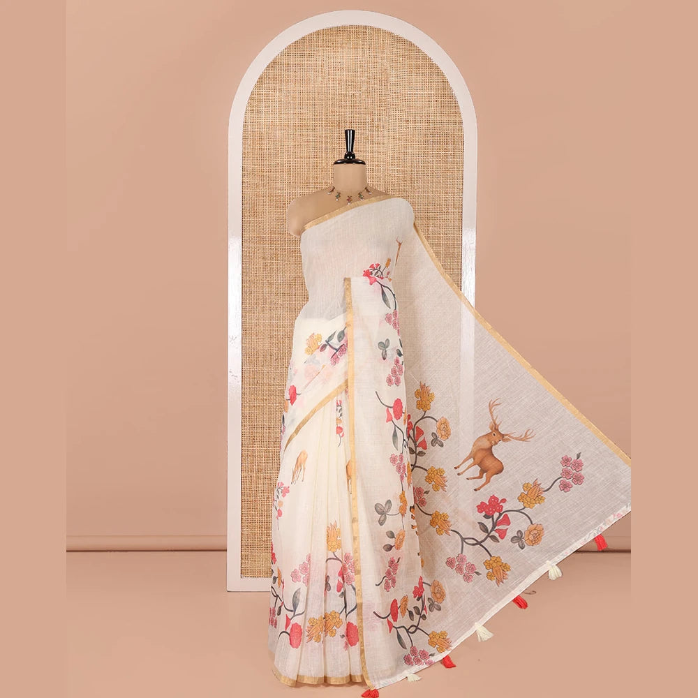 Pothys Cream Linen Cotton Saree, Adorned with Floral Vine and Deer Motifs All Over Its Body, Subtle Piping Border, a Self-Pallu, and Paired with a Matching Blouse