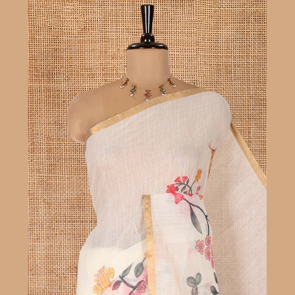 Pothys Cream Linen Cotton Saree, Adorned with Floral Vine and Deer Motifs All Over Its Body, Subtle Piping Border, a Self-Pallu, and Paired with a Matching Blouse