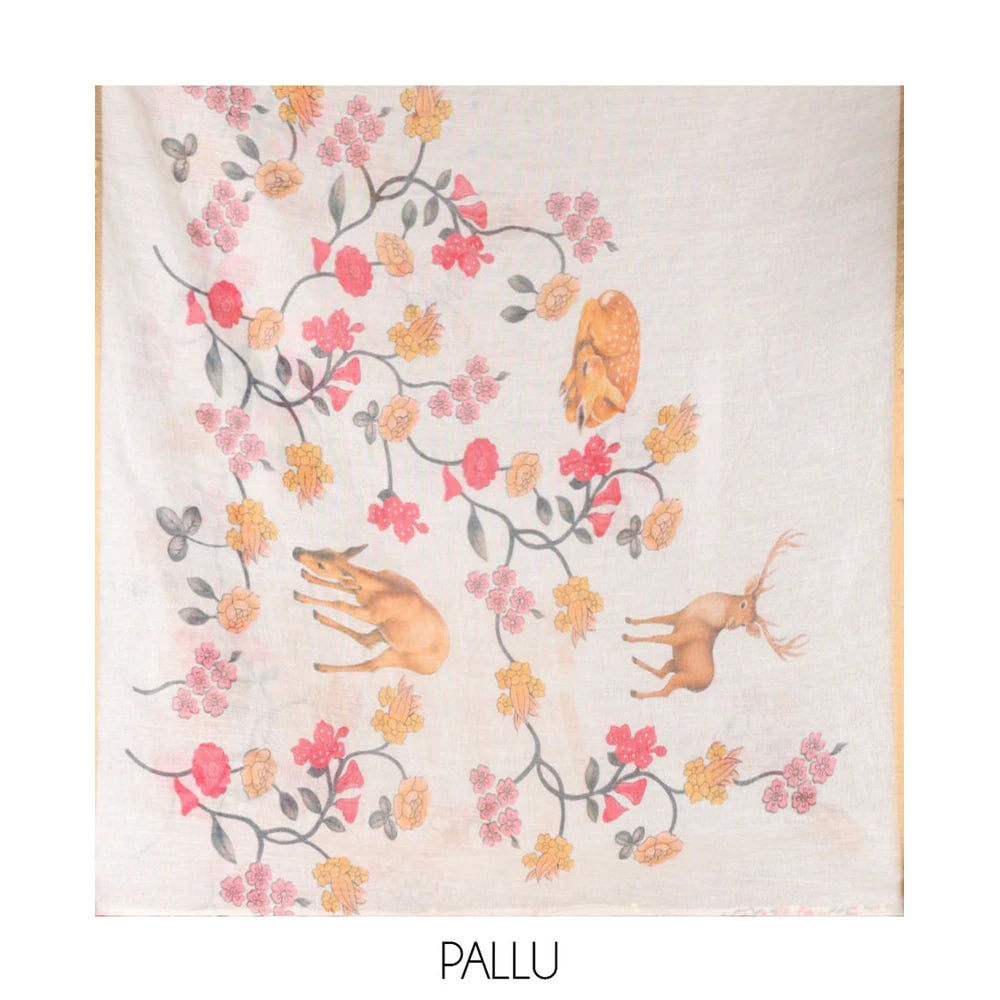 Pothys Cream Linen Cotton Saree, Adorned with Floral Vine and Deer Motifs All Over Its Body, Subtle Piping Border, a Self-Pallu, and Paired with a Matching Blouse