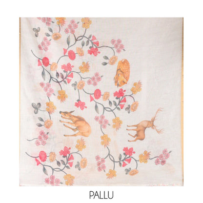 Pothys Cream Linen Cotton Saree, Adorned with Floral Vine and Deer Motifs All Over Its Body, Subtle Piping Border, a Self-Pallu, and Paired with a Matching Blouse