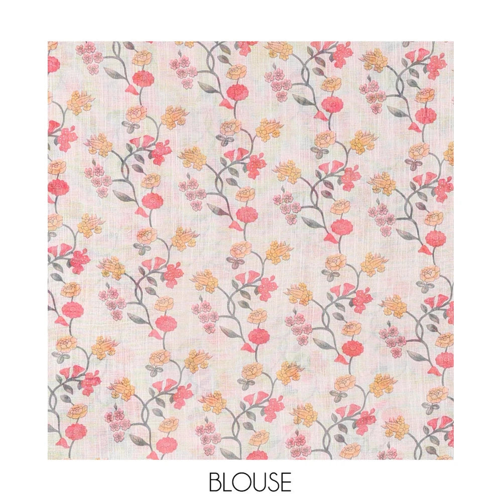 Pothys Cream Linen Cotton Saree, Adorned with Floral Vine and Deer Motifs All Over Its Body, Subtle Piping Border, a Self-Pallu, and Paired with a Matching Blouse
