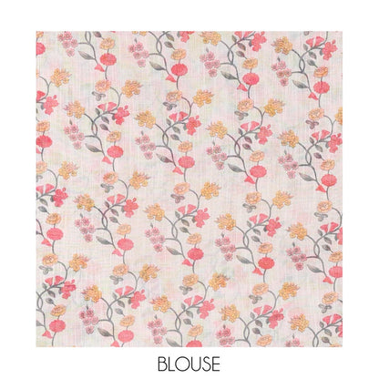 Pothys Cream Linen Cotton Saree, Adorned with Floral Vine and Deer Motifs All Over Its Body, Subtle Piping Border, a Self-Pallu, and Paired with a Matching Blouse
