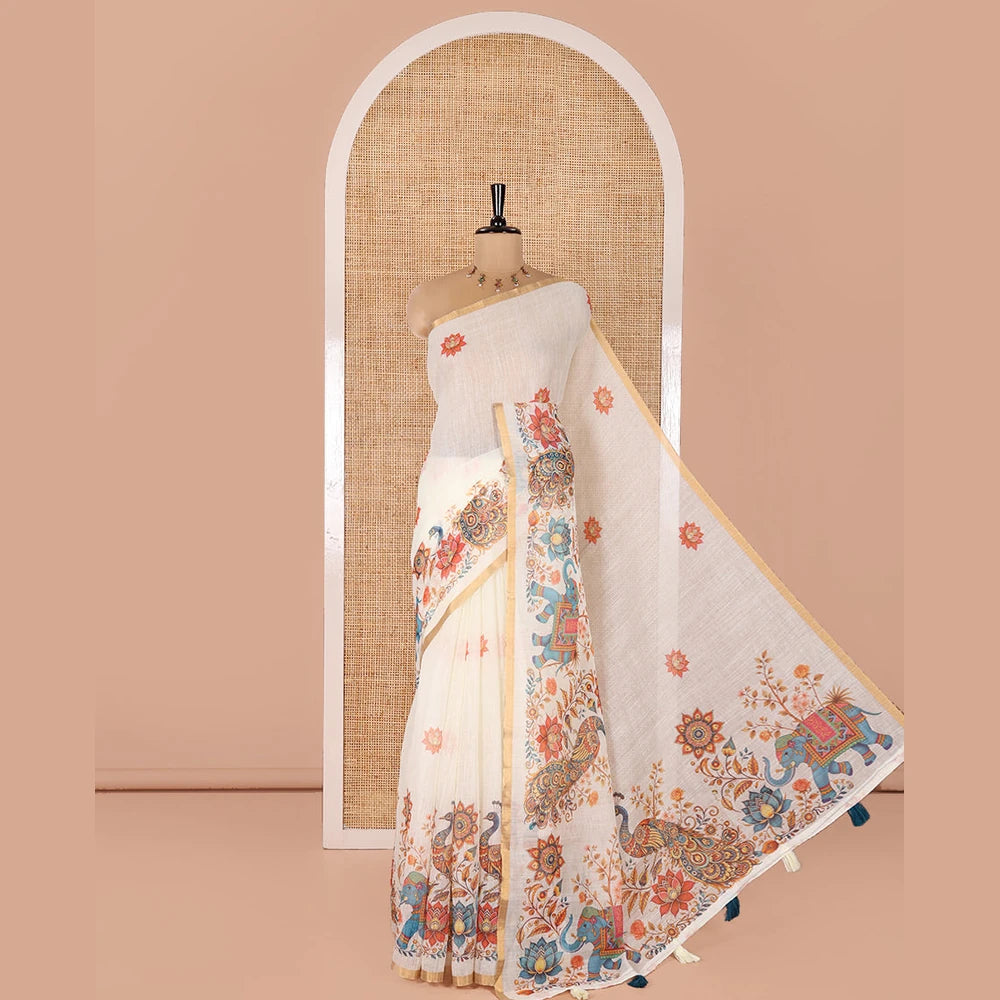 Pothys Cream Linen Cotton Saree, Elevated with Lotus, Floral, Elephant, and Peacock Motifs Printed on Its Body, Subtle Piping Border, a Self-Pallu, and Paired with a Matching Blouse