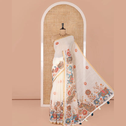 Pothys Cream Linen Cotton Saree, Elevated with Lotus, Floral, Elephant, and Peacock Motifs Printed on Its Body, Subtle Piping Border, a Self-Pallu, and Paired with a Matching Blouse