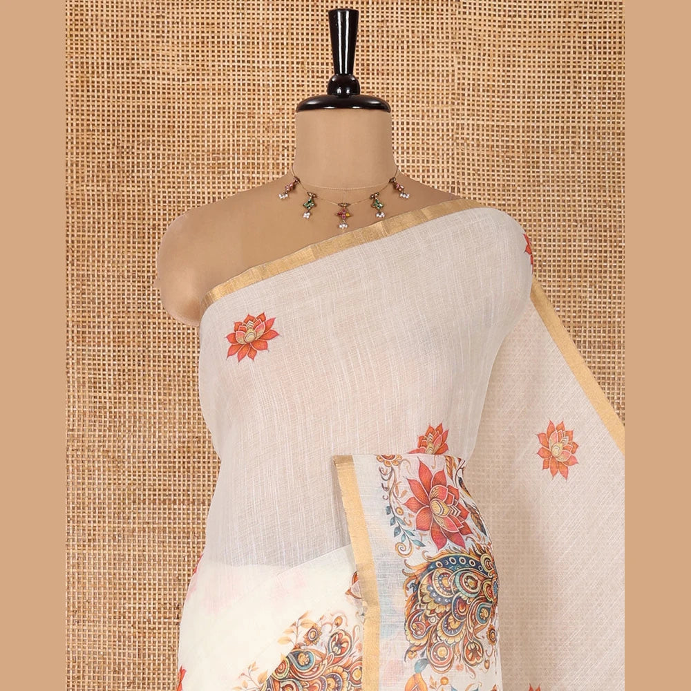 Pothys Cream Linen Cotton Saree, Elevated with Lotus, Floral, Elephant, and Peacock Motifs Printed on Its Body, Subtle Piping Border, a Self-Pallu, and Paired with a Matching Blouse