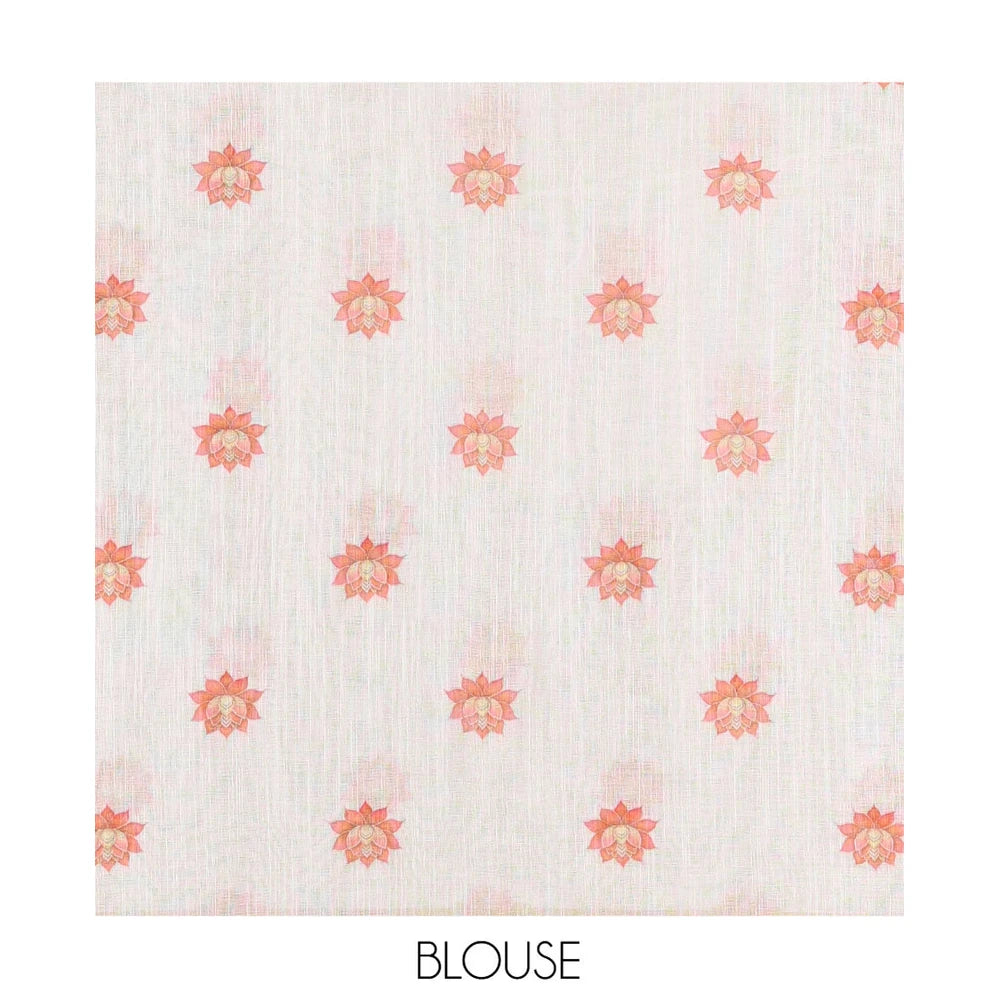 Pothys Cream Linen Cotton Saree, Elevated with Lotus, Floral, Elephant, and Peacock Motifs Printed on Its Body, Subtle Piping Border, a Self-Pallu, and Paired with a Matching Blouse