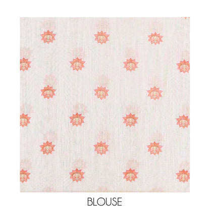 Pothys Cream Linen Cotton Saree, Elevated with Lotus, Floral, Elephant, and Peacock Motifs Printed on Its Body, Subtle Piping Border, a Self-Pallu, and Paired with a Matching Blouse