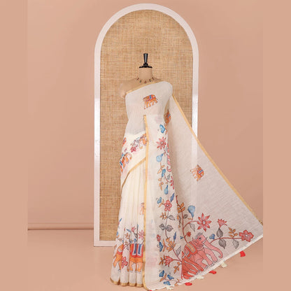 Pothys Cream Linen Cotton Saree, Bedecked with Elephant Motifs Printed on Its Body, Subtle Piping Border, Pallu of Floral and Elephant Designs, and Paired with a Matching Blouse