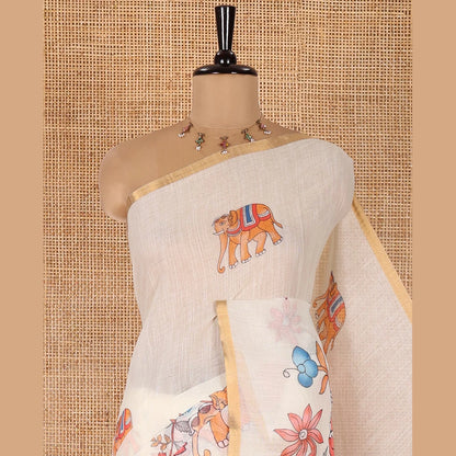 Pothys Cream Linen Cotton Saree, Bedecked with Elephant Motifs Printed on Its Body, Subtle Piping Border, Pallu of Floral and Elephant Designs, and Paired with a Matching Blouse