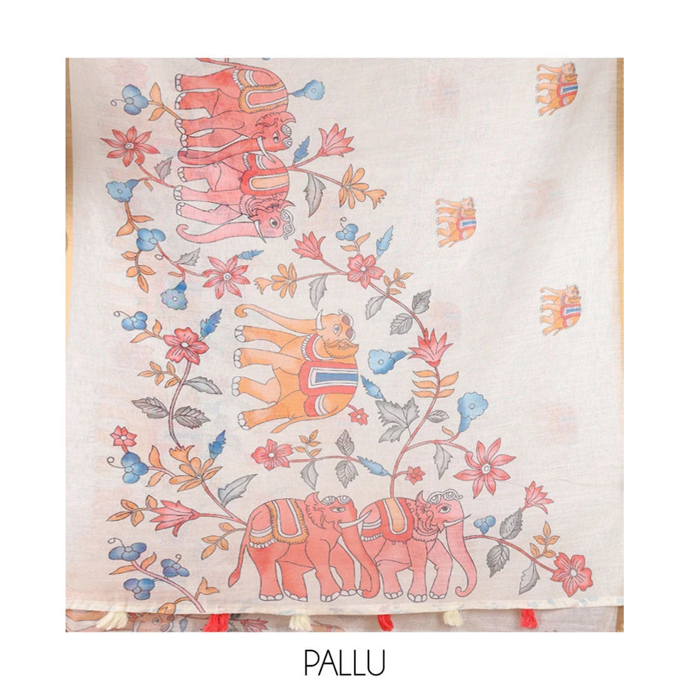 Pothys Cream Linen Cotton Saree, Bedecked with Elephant Motifs Printed on Its Body, Subtle Piping Border, Pallu of Floral and Elephant Designs, and Paired with a Matching Blouse