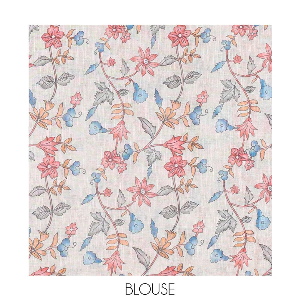 Pothys Cream Linen Cotton Saree, Bedecked with Elephant Motifs Printed on Its Body, Subtle Piping Border, Pallu of Floral and Elephant Designs, and Paired with a Matching Blouse
