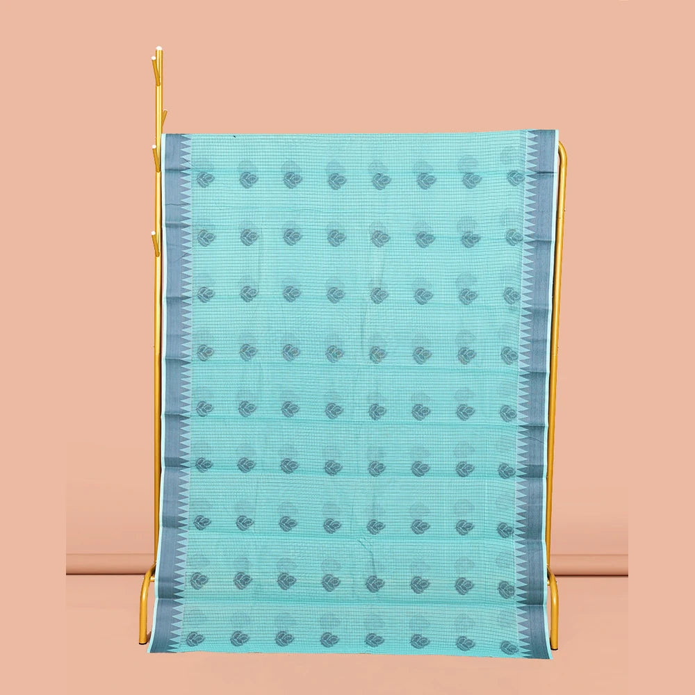Pothys Blue Semi-Silk Cotton Saree, Subtly Sparkled with Buttas and Micro-Checks All Over Its Body, Highlighted by a Temple Border, Intricate Pallu, and Paired with a Contrast Blouse