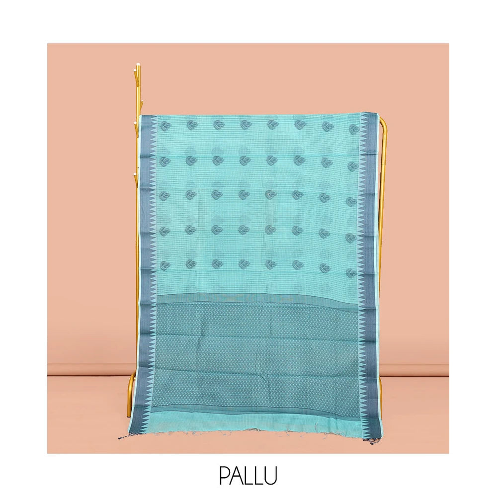 Pothys Blue Semi-Silk Cotton Saree, Subtly Sparkled with Buttas and Micro-Checks All Over Its Body, Highlighted by a Temple Border, Intricate Pallu, and Paired with a Contrast Blouse