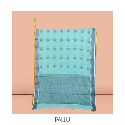 Pothys Blue Semi-Silk Cotton Saree, Subtly Sparkled with Buttas and Micro-Checks All Over Its Body, Highlighted by a Temple Border, Intricate Pallu, and Paired with a Contrast Blouse
