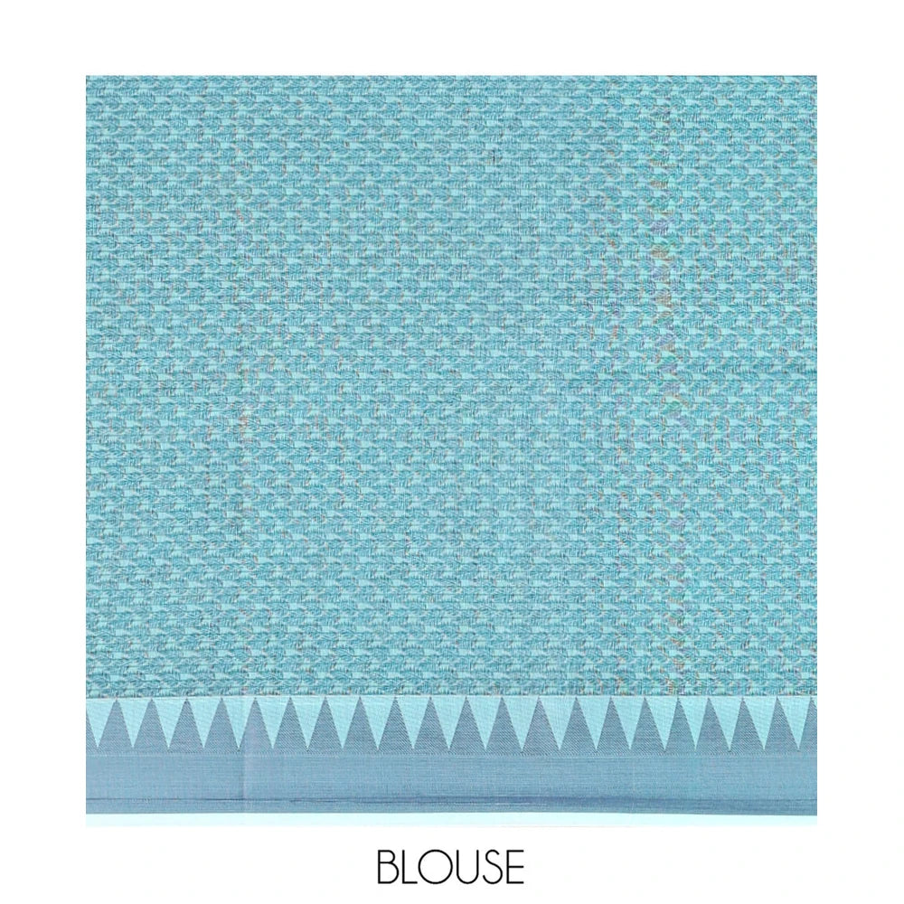 Pothys Blue Semi-Silk Cotton Saree, Subtly Sparkled with Buttas and Micro-Checks All Over Its Body, Highlighted by a Temple Border, Intricate Pallu, and Paired with a Contrast Blouse