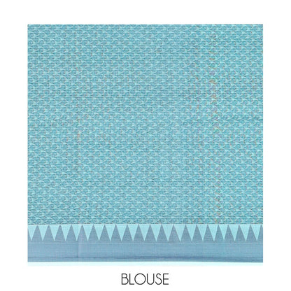 Pothys Blue Semi-Silk Cotton Saree, Subtly Sparkled with Buttas and Micro-Checks All Over Its Body, Highlighted by a Temple Border, Intricate Pallu, and Paired with a Contrast Blouse