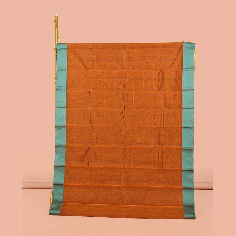 Pothys Orange Semi-Silk Cotton Saree, Sparsely Sparkled with Checks All Over Its Body, Complemented by a Contrast Border, Contrast Pallu, and Paired with a Contrast Blouse