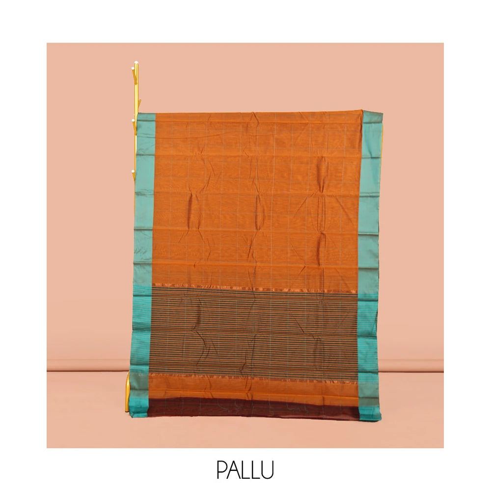 Pothys Orange Semi-Silk Cotton Saree, Sparsely Sparkled with Checks All Over Its Body, Complemented by a Contrast Border, Contrast Pallu, and Paired with a Contrast Blouse