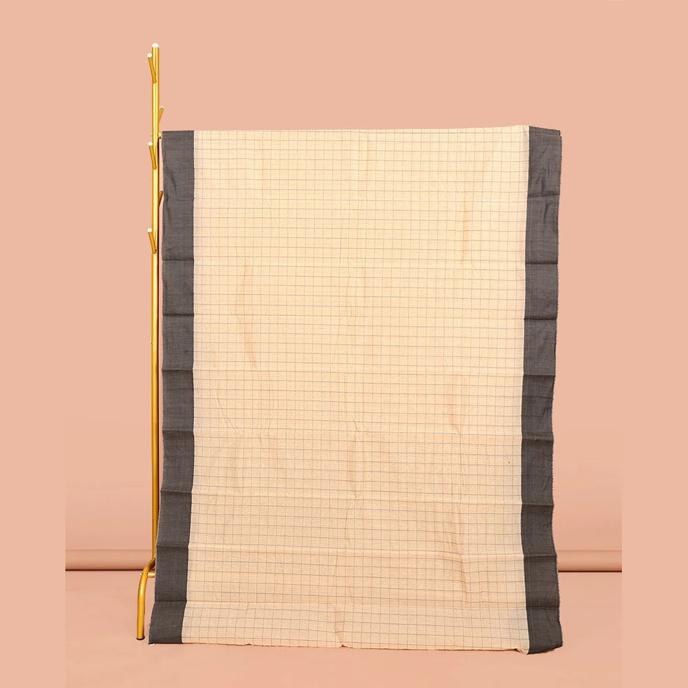 Pothys Cream Semi-Silk Cotton Saree, Subtly Sparkled with Checks All Over Its Body, Complemented by a Contrast Border, Striped Pallu, and Paired with a Matching Blouse