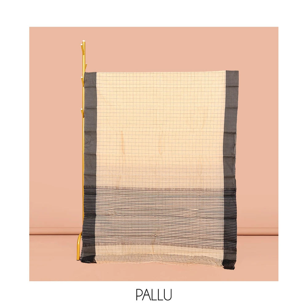 Pothys Cream Semi-Silk Cotton Saree, Subtly Sparkled with Checks All Over Its Body, Complemented by a Contrast Border, Striped Pallu, and Paired with a Matching Blouse