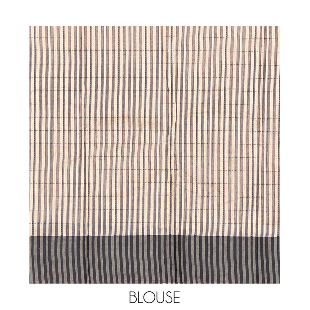 Pothys Cream Semi-Silk Cotton Saree, Subtly Sparkled with Checks All Over Its Body, Complemented by a Contrast Border, Striped Pallu, and Paired with a Matching Blouse