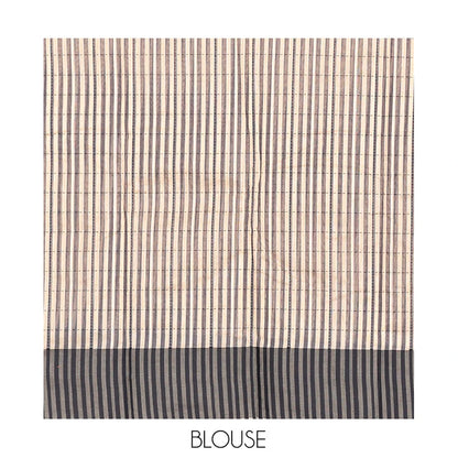 Pothys Cream Semi-Silk Cotton Saree, Subtly Sparkled with Checks All Over Its Body, Complemented by a Contrast Border, Striped Pallu, and Paired with a Matching Blouse