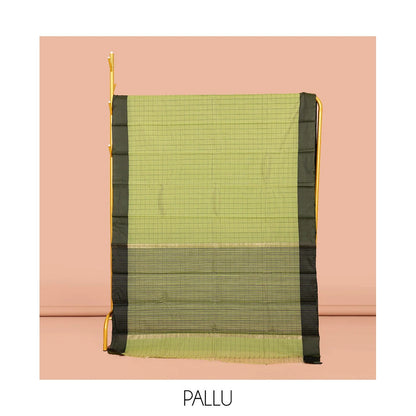 Pothys Green Semi-Silk Cotton Saree, Subtly Sparkled with Checks All Over Its Body, Complemented by a Contrast Border, Striped Pallu, and Paired with a Matching Blouse