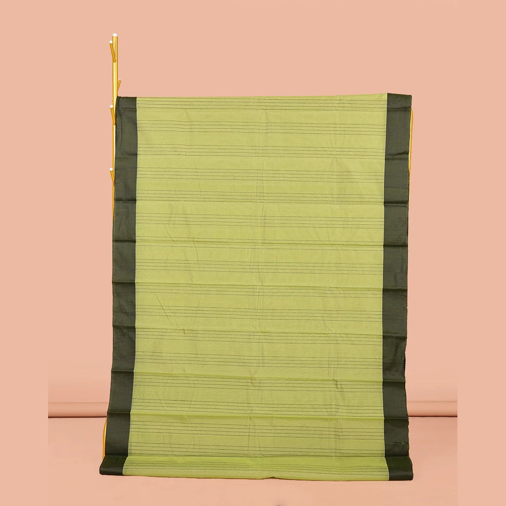 Pothys Green Striped Semi-Silk Cotton Saree, Complemented by a Contrast Border, Pallu Steeped with Stripes, and Paired with a Matching Blouse
