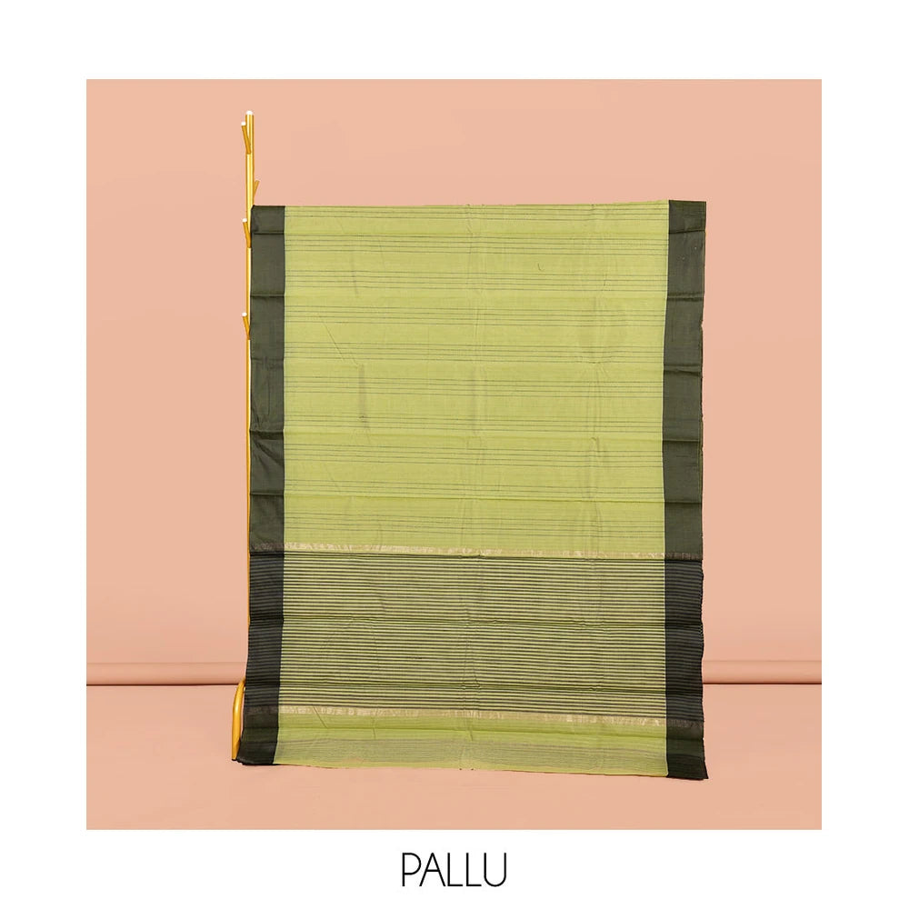Pothys Green Striped Semi-Silk Cotton Saree, Complemented by a Contrast Border, Pallu Steeped with Stripes, and Paired with a Matching Blouse