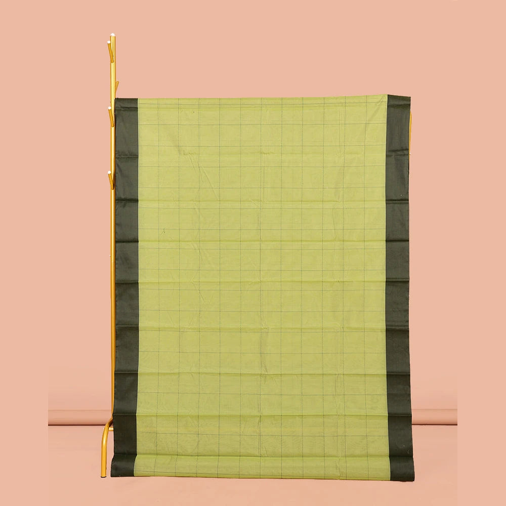 Pothys Dark Green Plain Semi-Silk Cotton Saree, Complemented by a Contrast Temple Border, Pallu of Stripes, and Paired with a Matching Blouse