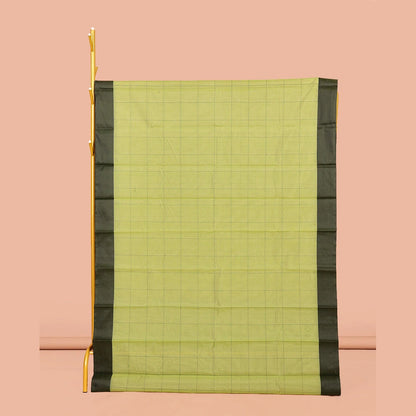 Pothys Dark Green Plain Semi-Silk Cotton Saree, Complemented by a Contrast Temple Border, Pallu of Stripes, and Paired with a Matching Blouse