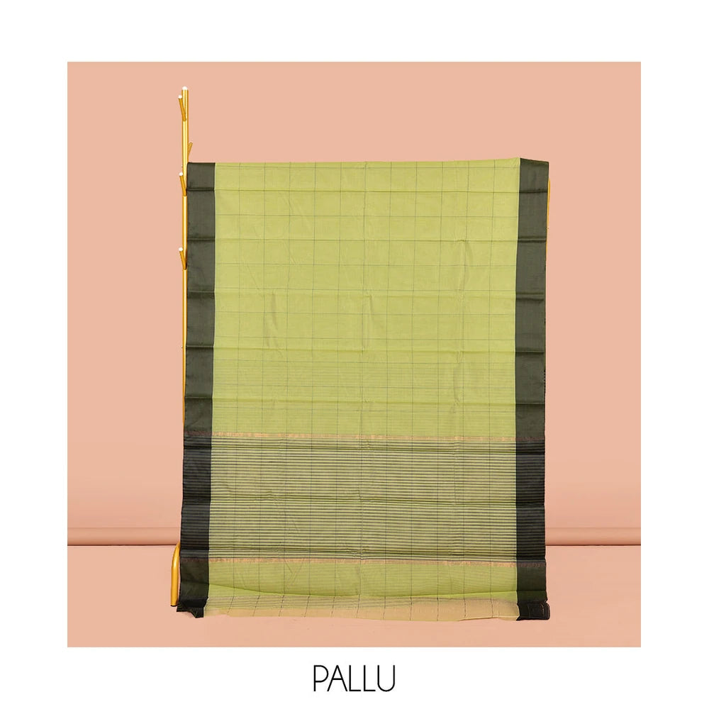 Pothys Dark Green Plain Semi-Silk Cotton Saree, Complemented by a Contrast Temple Border, Pallu of Stripes, and Paired with a Matching Blouse