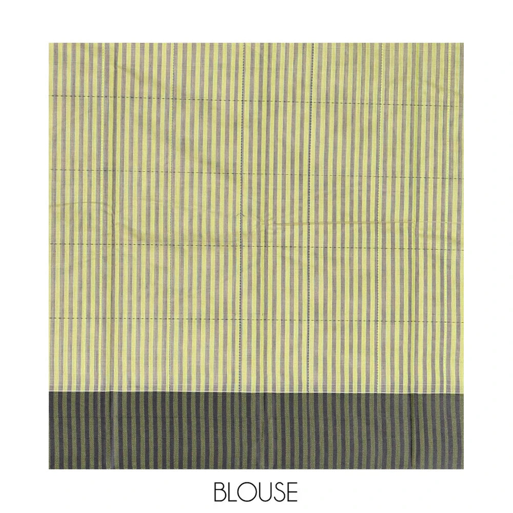 Pothys Dark Green Plain Semi-Silk Cotton Saree, Complemented by a Contrast Temple Border, Pallu of Stripes, and Paired with a Matching Blouse