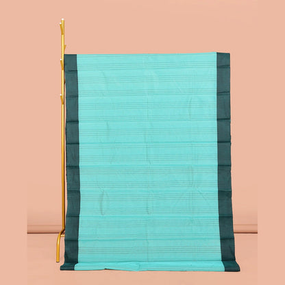 Pothys Blue Striped Semi-Silk Cotton Saree, Complemented by a Contrast Border, Pallu Steeped with Stripes, and Paired with a Matching Blouse
