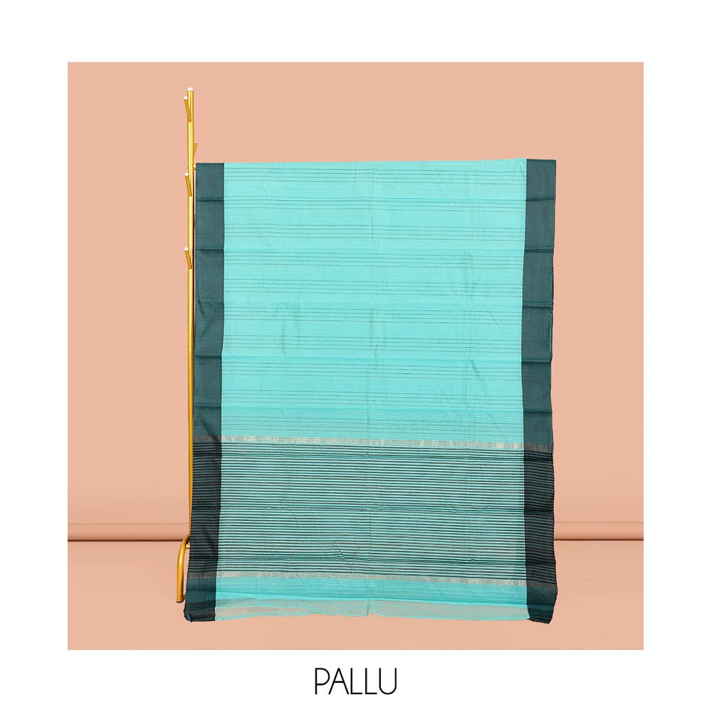 Pothys Blue Striped Semi-Silk Cotton Saree, Complemented by a Contrast Border, Pallu Steeped with Stripes, and Paired with a Matching Blouse
