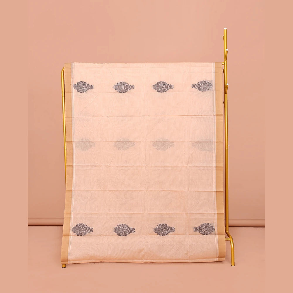 Pothys Sandal Kanchi Cotton Saree, Beautified with Buttas All Over Its Body, Complemented by Contrast Border, Pallu Steeped with Stripes and Paisleys, and Paired with a Matching Blouse
