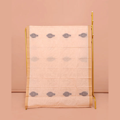 Pothys Sandal Kanchi Cotton Saree, Beautified with Buttas All Over Its Body, Complemented by Contrast Border, Pallu Steeped with Stripes and Paisleys, and Paired with a Matching Blouse