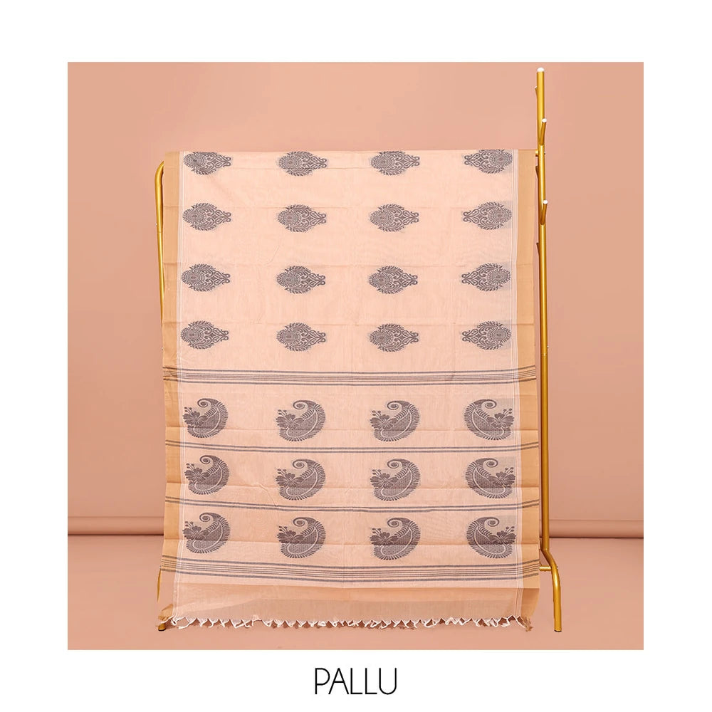 Pothys Sandal Kanchi Cotton Saree, Beautified with Buttas All Over Its Body, Complemented by Contrast Border, Pallu Steeped with Stripes and Paisleys, and Paired with a Matching Blouse