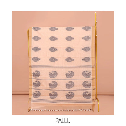 Pothys Sandal Kanchi Cotton Saree, Beautified with Buttas All Over Its Body, Complemented by Contrast Border, Pallu Steeped with Stripes and Paisleys, and Paired with a Matching Blouse