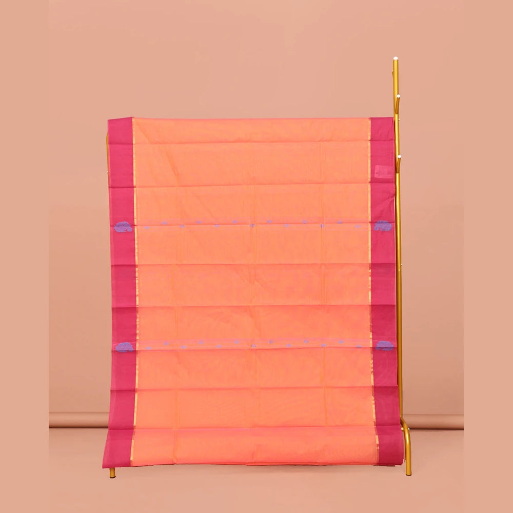 Pothys Orange Kanchi Cotton Saree, Woven with Buttas All Over Its Body, Complemented by Contrast Border, Delicately Woven Pallu, and Paired with Matching Blouse